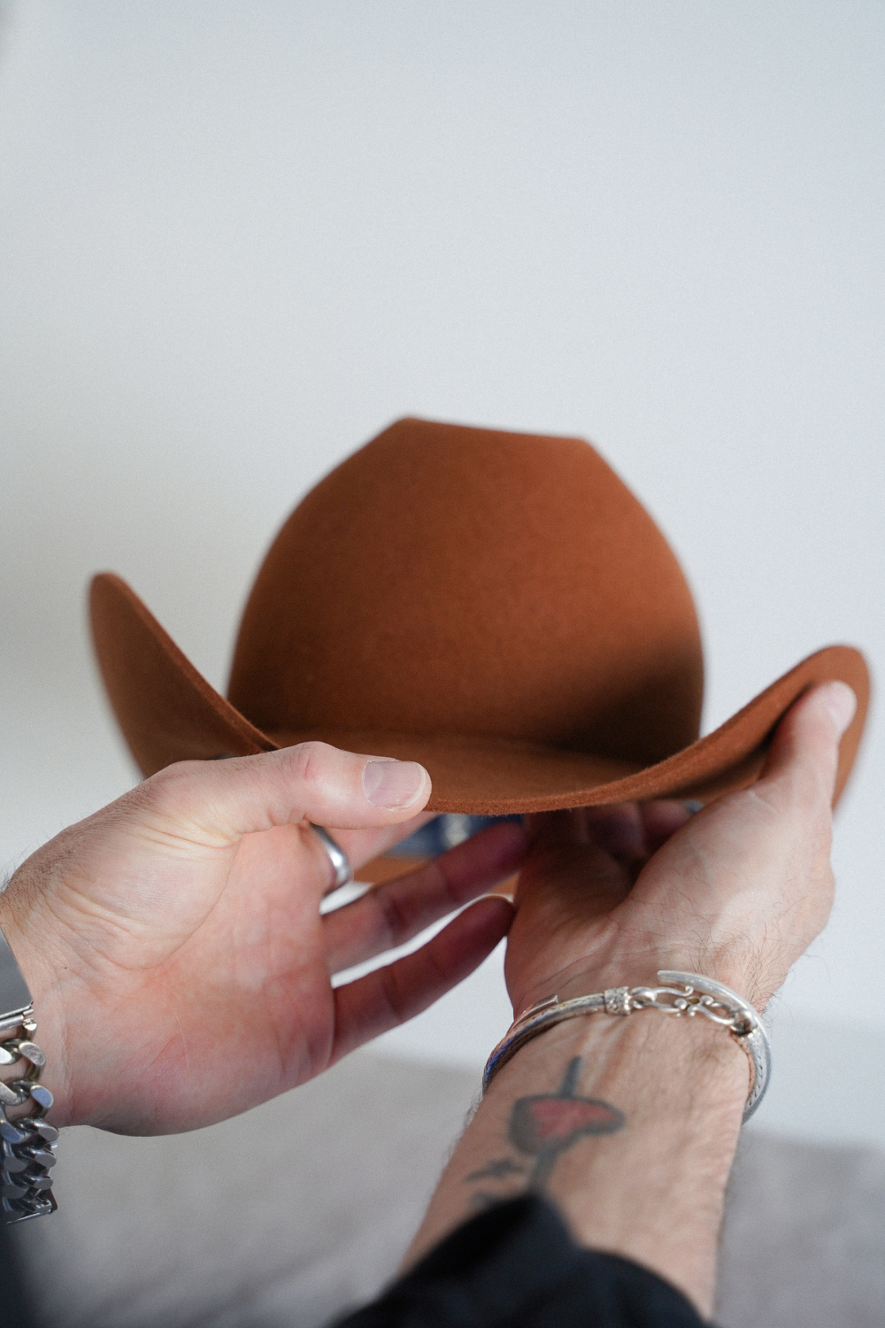 Brown cowboy hat short brim by Brandon Westbrooks in collab with SoonNoon