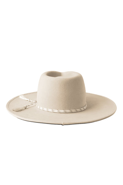 Unisex beige fur felt fedora hat with a wide brim and paracord, handcrafted by SoonNoon in Stockholm