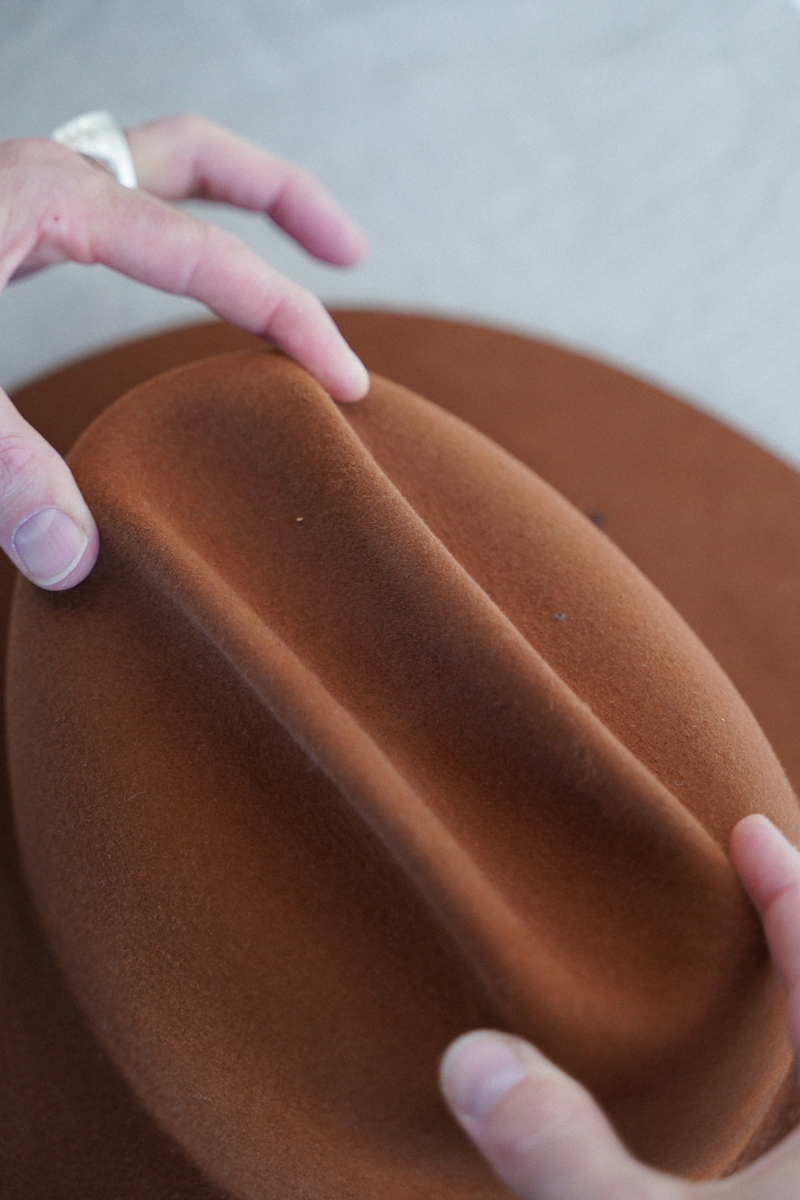 Brown cowboy hat short brim by Brandon Westbrooks in collab with SoonNoon