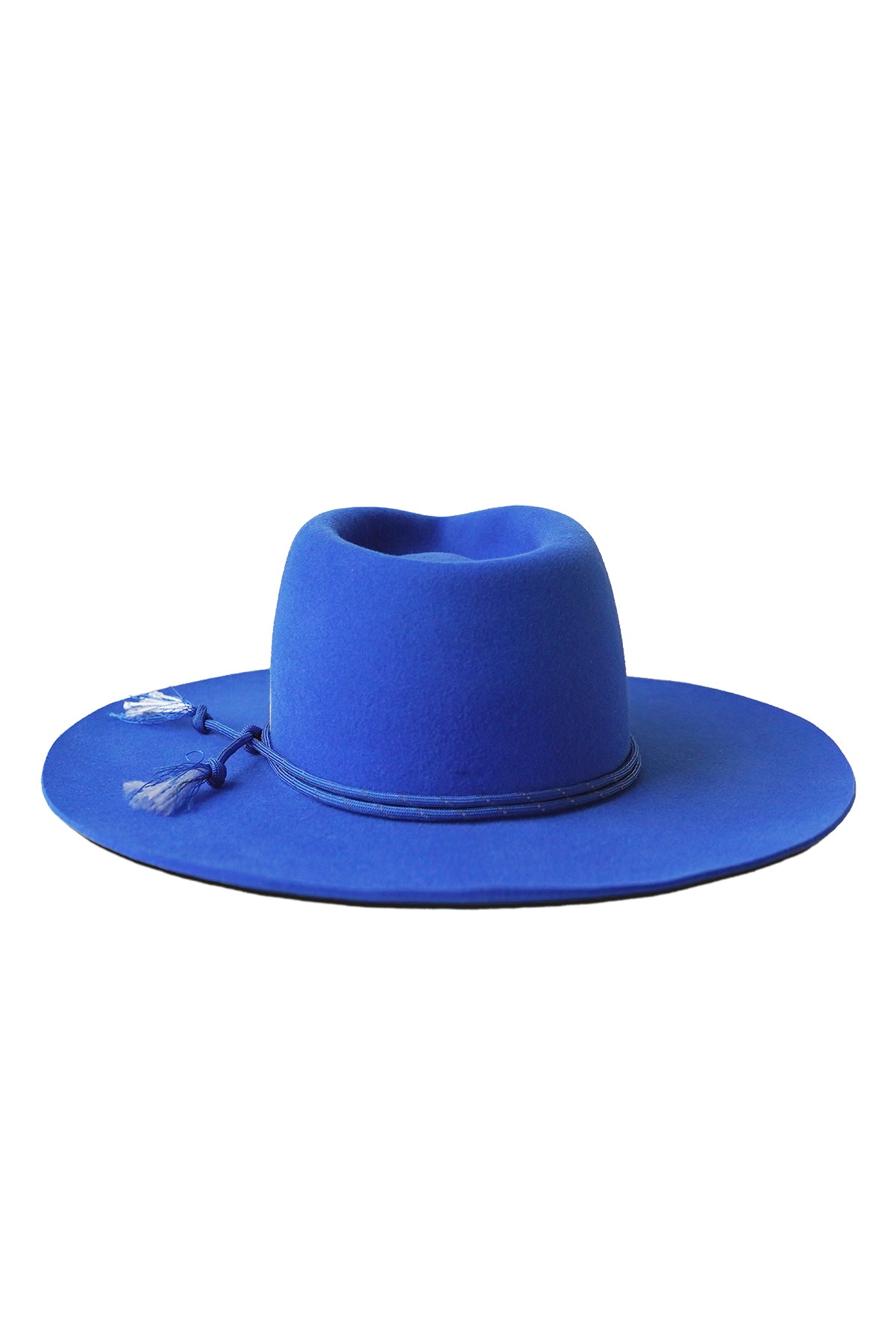 Unisex blue fur felt fedora hat with a wide brim and paracord, handcrafted by SoonNoon in Stockholm
