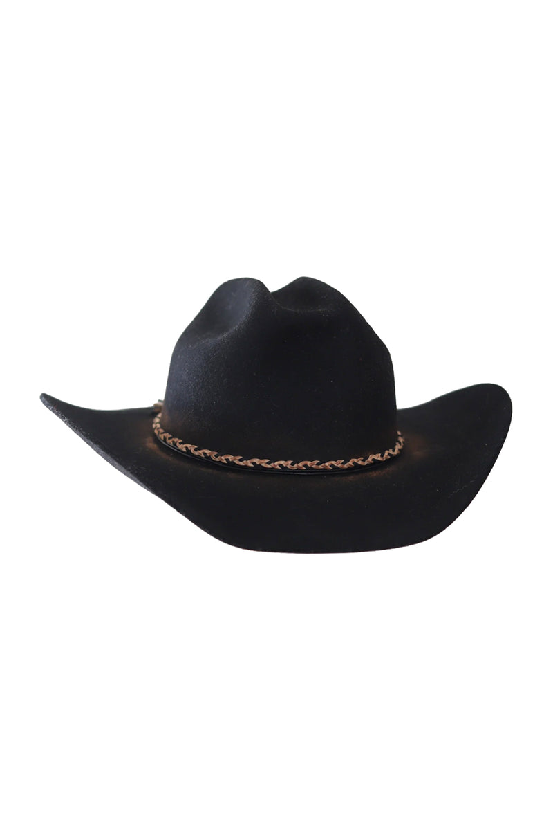 A black cowboy hat with a braided tan band around the crown, shown against a plain white background.