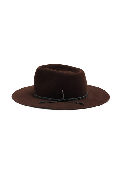 Brown 100% fur felt fedora hat with a wide brim, tear drop crown and black reflective cord detail. Unisex hat style in various sizes and colors. We ship worldwide. Shop now. Each SoonNoon hat is handmade with unique character in Stockholm, Sweden.