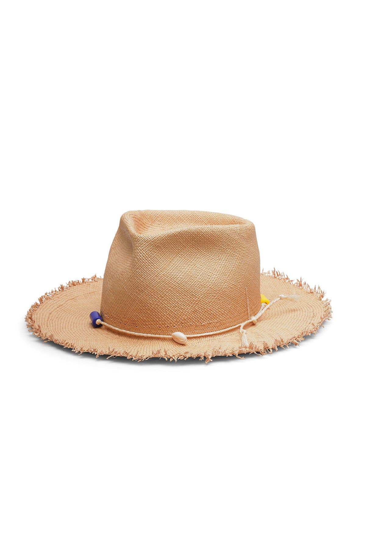 Unisex beige straw fedora with wide frayed brim, teardrop crease, tied rope, beads, and seashell detail, handcrafted by SoonNoon in Stockholm