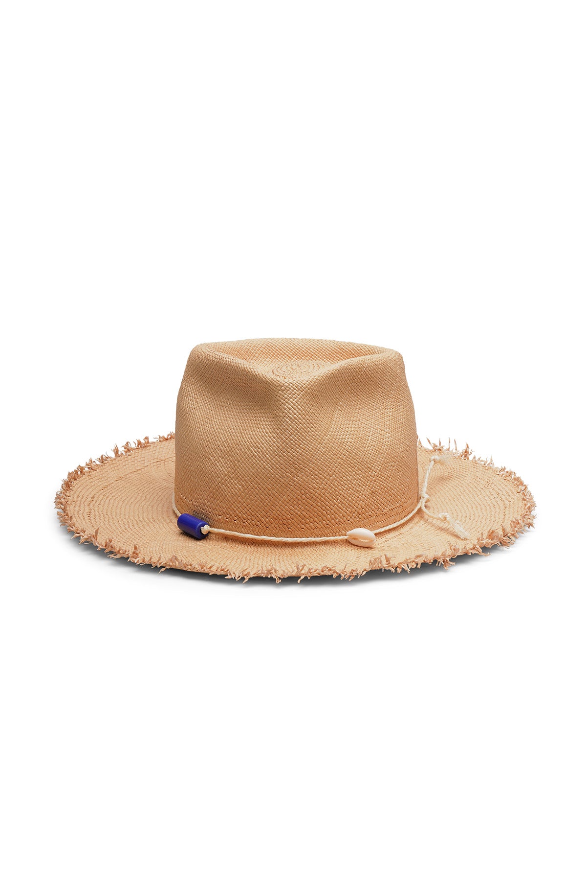 Beige straw fedora style hat with a wide brim, frayed edges and teardrop crease. Tied rope with beads and seashell detail. Unisex hat style in various sizes and colors. We ship worldwide. Shop now. Each SoonNoon hat is handmade with unique character in Stockholm, Sweden. 