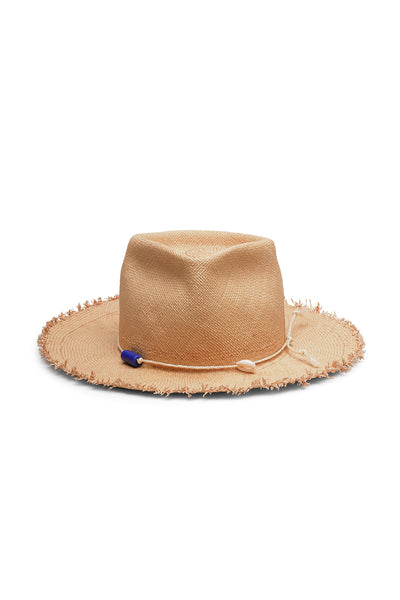 Unisex beige straw fedora with wide frayed brim, teardrop crease, tied rope, beads, and seashell detail, handcrafted by SoonNoon in Stockholm