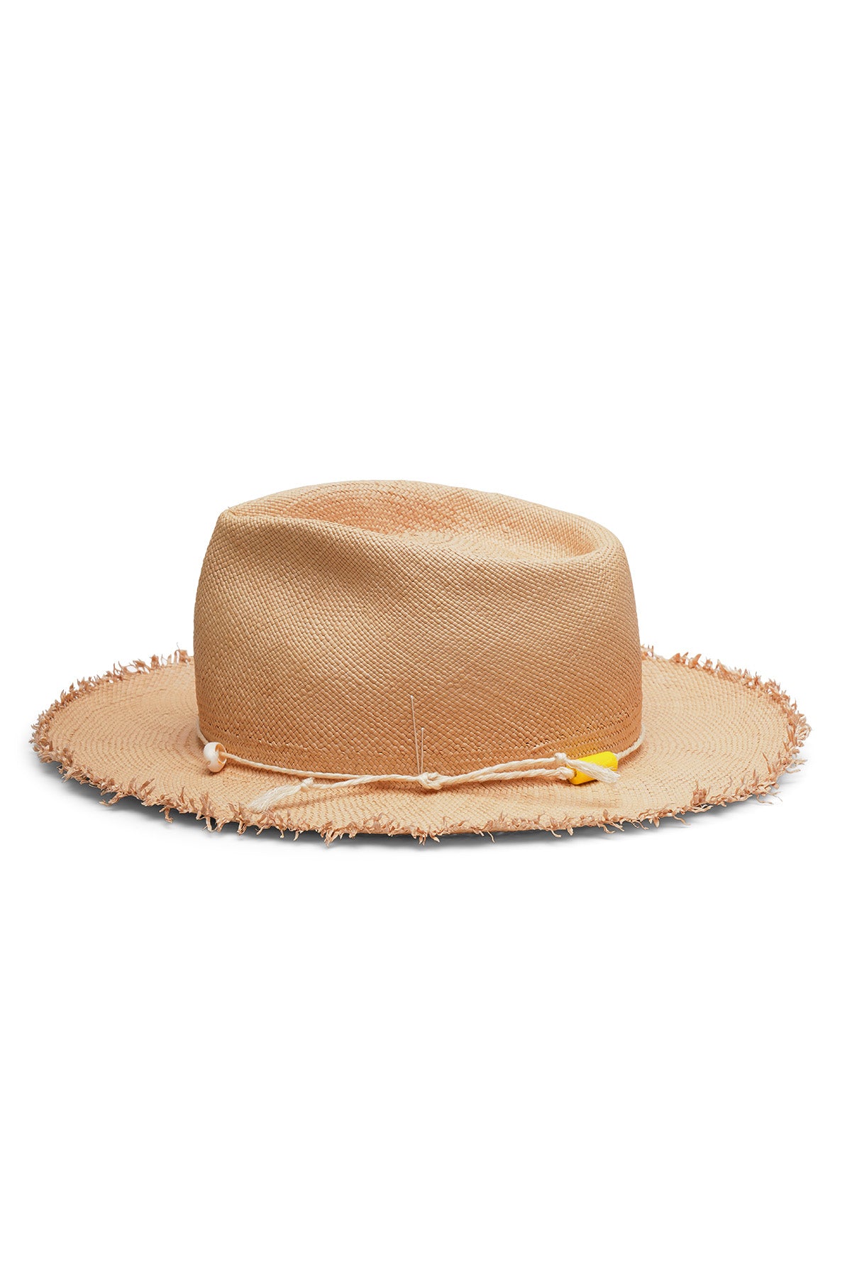 Beige straw fedora style hat with a wide brim, frayed edges and teardrop crease. Tied rope with beads and seashell detail. Unisex hat style in various sizes and colors. We ship worldwide. Shop now. Each SoonNoon hat is handmade with unique character in Stockholm, Sweden. 