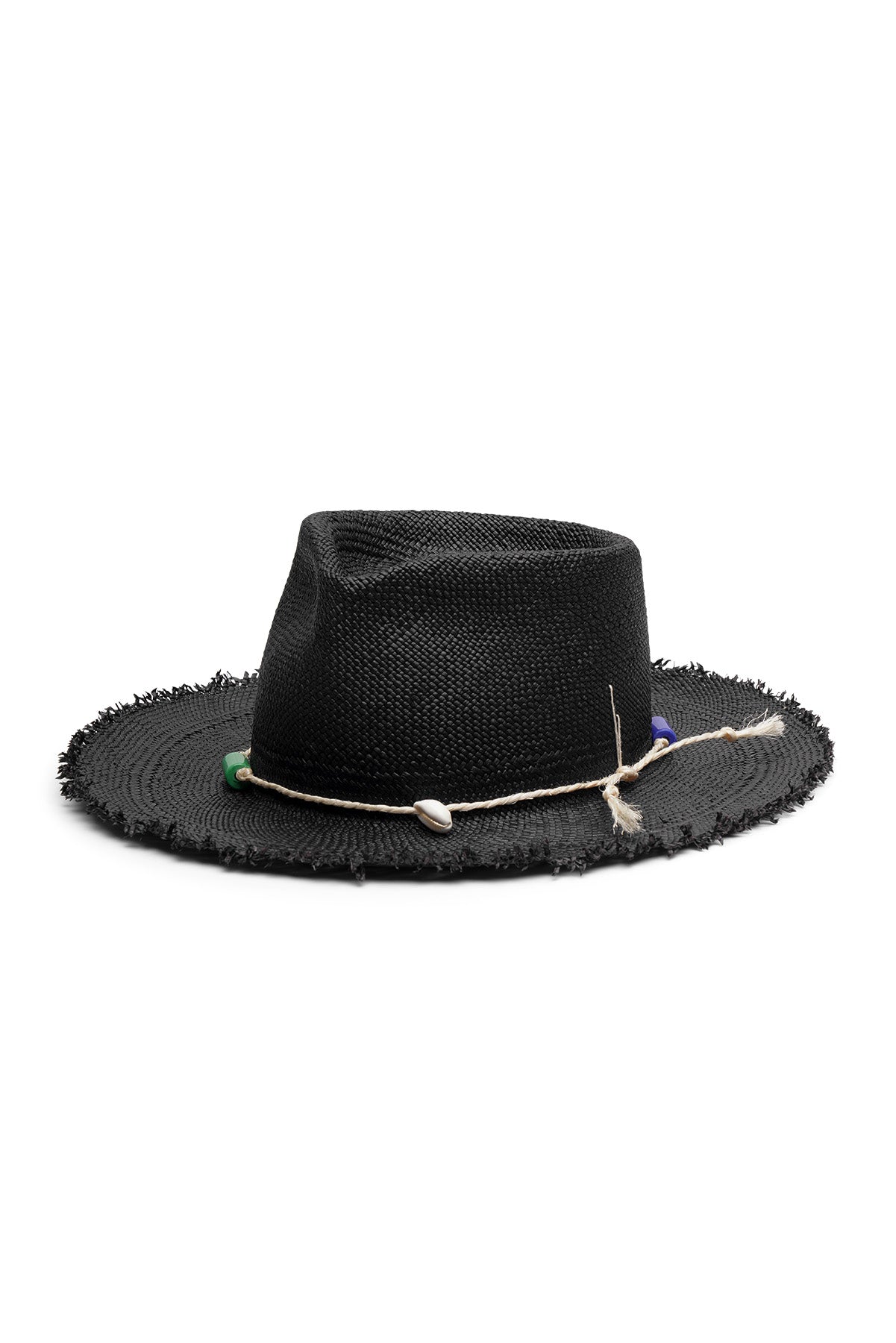 Unisex black straw fedora with wide frayed brim, teardrop crease, tied rope, beads, and seashell detail, handcrafted by SoonNoon in Stockholm