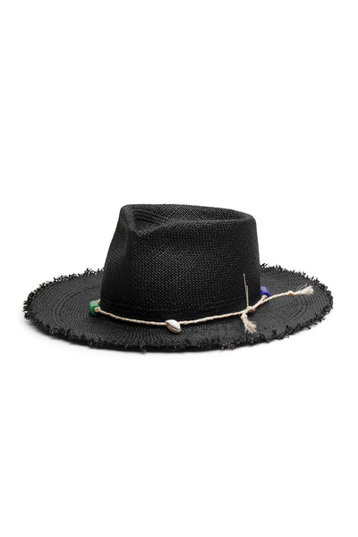 Black straw fedora hat style with a wide brim, frayed edges, and teardrop crease. Tied rope with beads and seashell detail. Unisex hat style in various sizes and colors. We ship worldwide. Shop now. Each SoonNoon hat is handmade with unique character in Stockholm, Sweden.