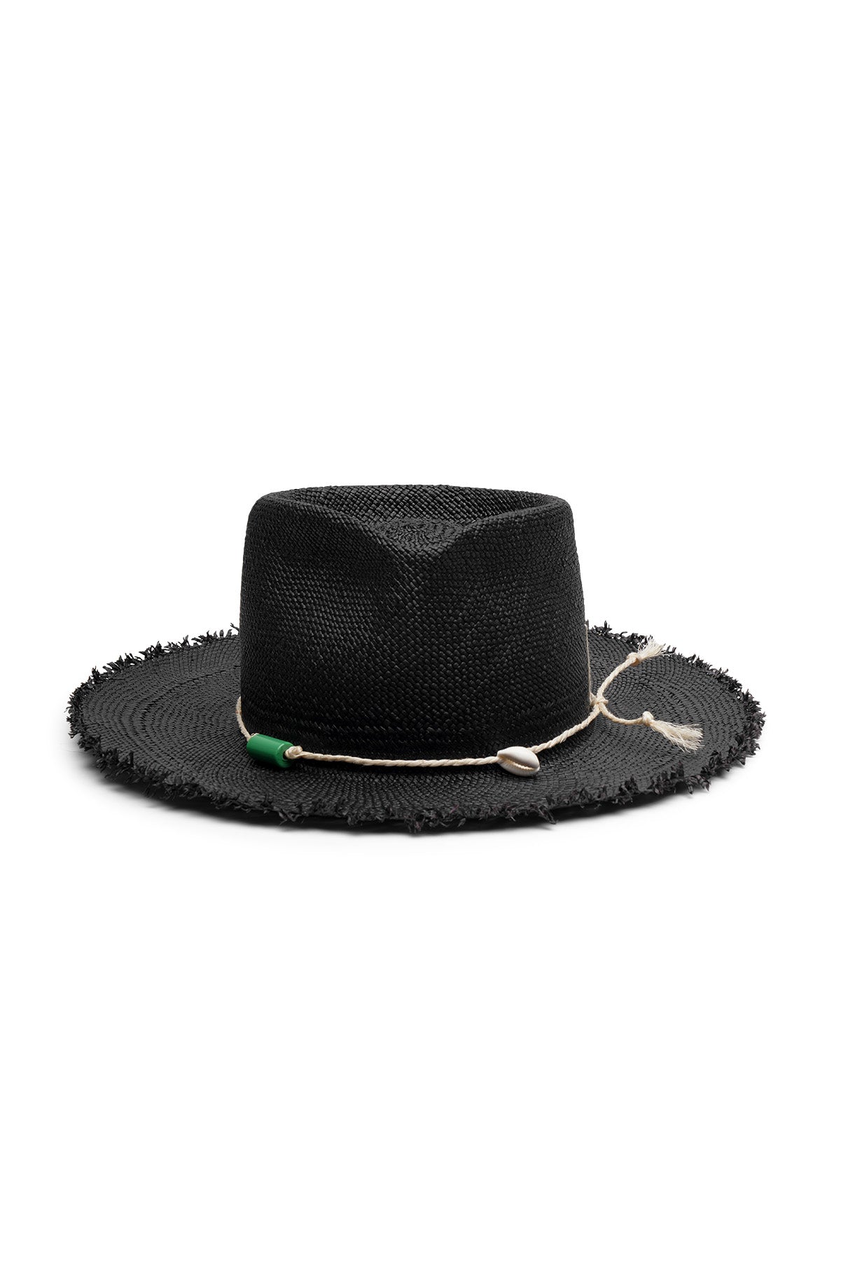Black straw fedora hat style with a wide brim, frayed edges, and teardrop crease. Tied rope with beads and seashell detail. Unisex hat style in various sizes and colors. We ship worldwide. Shop now. Each SoonNoon hat is handmade with unique character in Stockholm, Sweden.