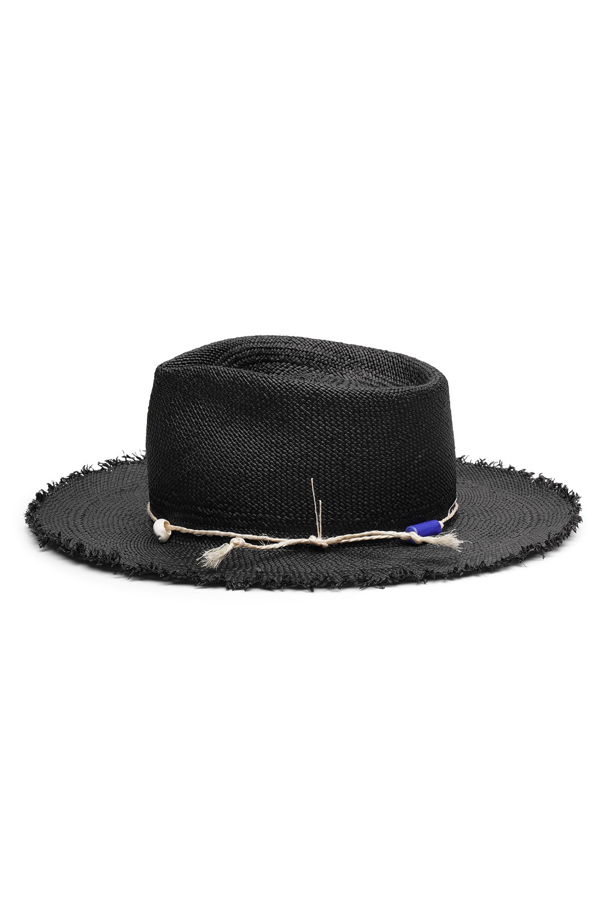 Unisex black straw fedora with wide frayed brim, teardrop crease, tied rope, beads, and seashell detail, handcrafted by SoonNoon in Stockholm