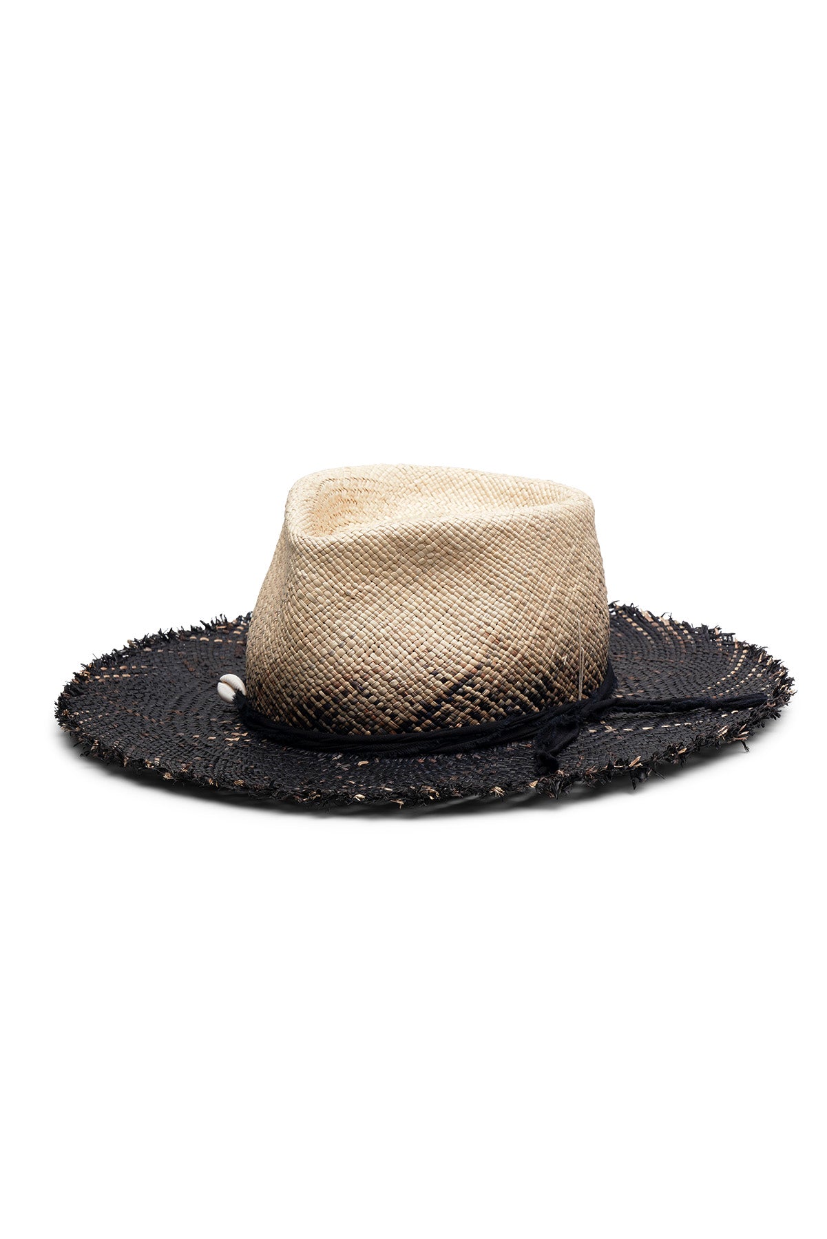 Black and natural gradient straw fedora style hat with a wide brim, frayed edges and teardrop crease. Tied cotton band with seashell detail. Unisex hat style in various sizes and colors. We ship worldwide. Shop now. Each SoonNoon hat is handmade with unique character in Stockholm, Sweden. 