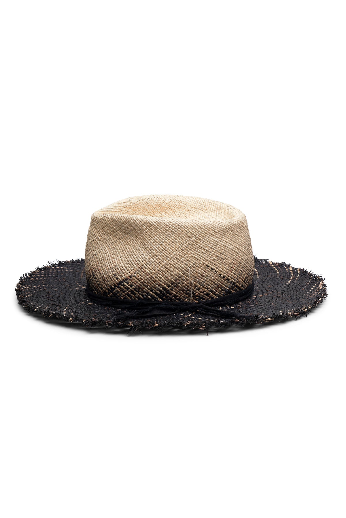 Black and natural gradient straw fedora style hat with a wide brim, frayed edges and teardrop crease. Tied cotton band with seashell detail. Unisex hat style in various sizes and colors. We ship worldwide. Shop now. Each SoonNoon hat is handmade with unique character in Stockholm, Sweden. 