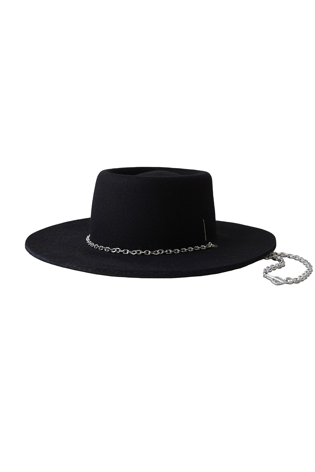 Unisex black bolero wool felt hat with a wide flat brim, telescope crown, and detachable silver chain detail. Handcrafted by SoonNoon in Stockholm