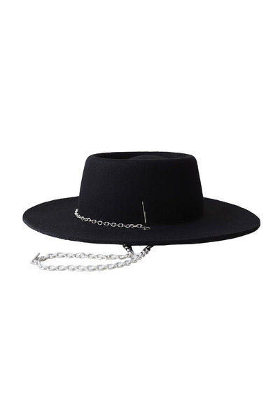 Unisex black bolero wool felt hat with a wide flat brim, telescope crown, and detachable silver chain detail. Handcrafted by SoonNoon in Stockholm