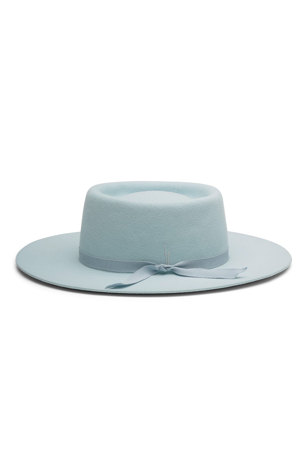 Unisex sky blue fur felt bolero style hat with a round telescope crease, flat brim, and tonal grosgrain ribbon, handcrafted by SoonNoon in Stockholm