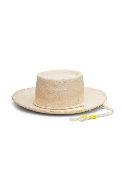 Natural straw bolero style hat with a wide frayed brim, telescope crown and off-white rope chin strap and yellow beads. Unisex hat style in various sizes and colors. We ship worldwide. Shop now. Each SoonNoon hat is handmade with unique character in Stockholm, Sweden.