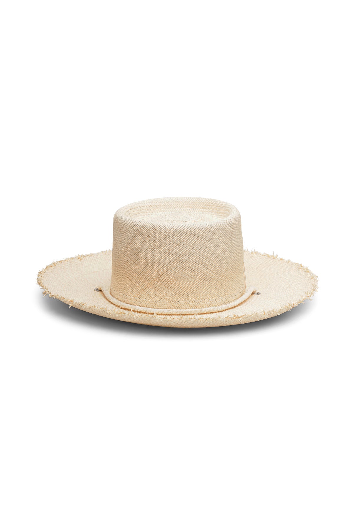 Natural straw bolero style hat with a wide frayed brim, telescope crown and off-white rope chin strap and yellow beads. Unisex hat style in various sizes and colors. We ship worldwide. Shop now. Each SoonNoon hat is handmade with unique character in Stockholm, Sweden.
