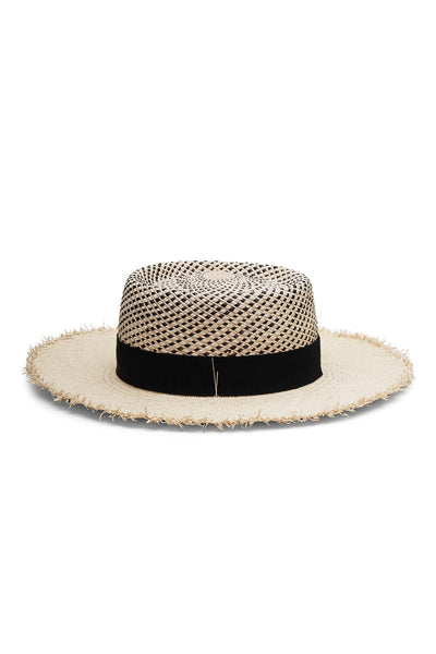 Unisex natural/black pattern straw bolero style hat with a wide frayed brim, grosgrain ribbon and telescope crown, handcrafted by SoonNoon in Stockholm