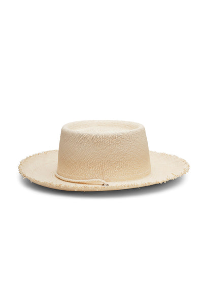 Unisex natural straw bolero style hat with a wide frayed brim, telescope crown and off-white rope chin strap and yellow beads, handcrafted by SoonNoon in Stockholm