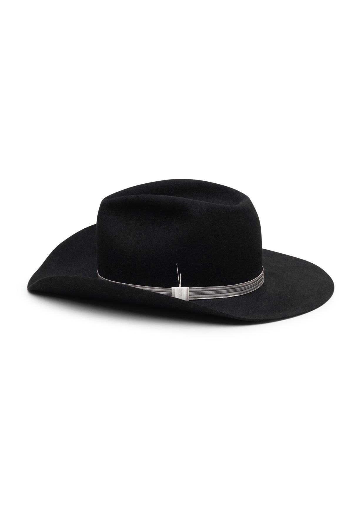 Unisex black western fur felt hat with flanged wide brim and fedora pinch, vintage silver band detail, handcrafted by SoonNoon in Stockholm