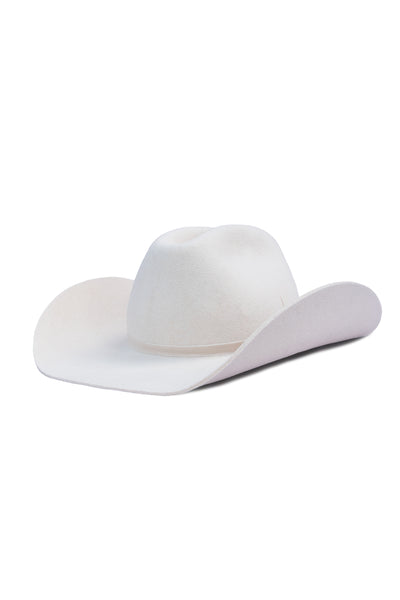 Unisex white fur felt cowboy hat with a wide brim and center crease, handcrafted by SoonNoon in Stockholm