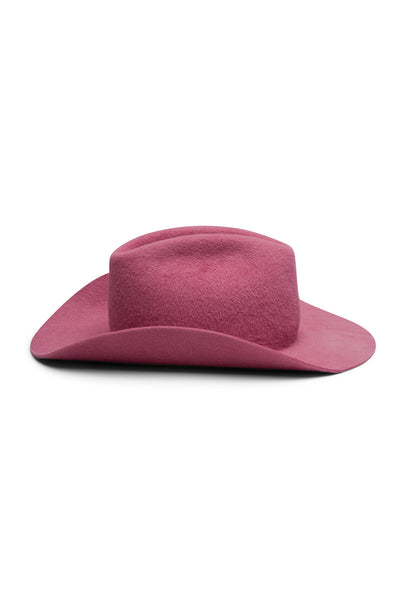Unisex pink fur felt cowboy hat with a wide brim and center crease, handcrafted by SoonNoon in Stockholm