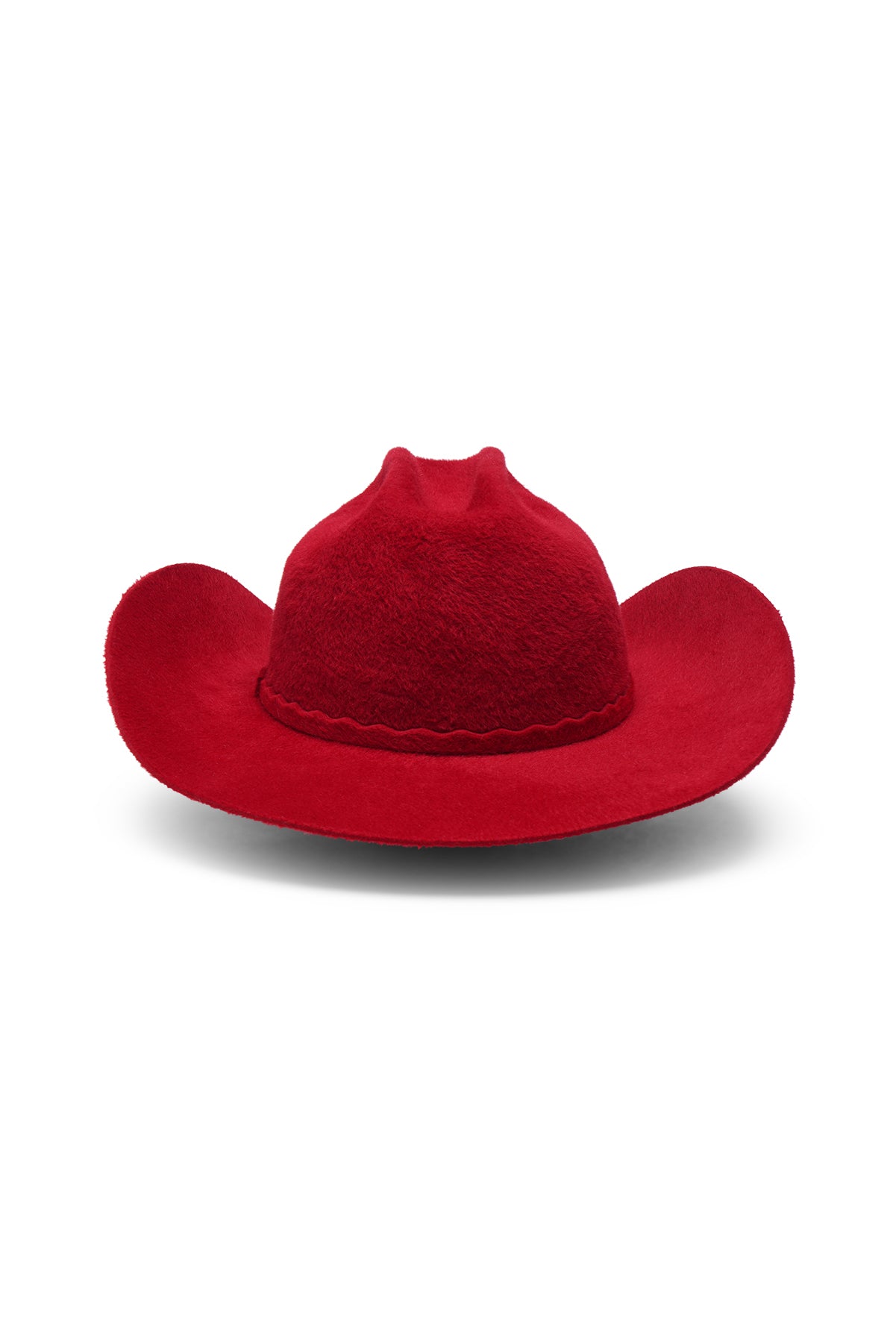Unisex red fur felt cowboy hat with a wide brim, self-fabric band, silver. stud detail and center crease, handcrafted by SoonNoon in Stockholm