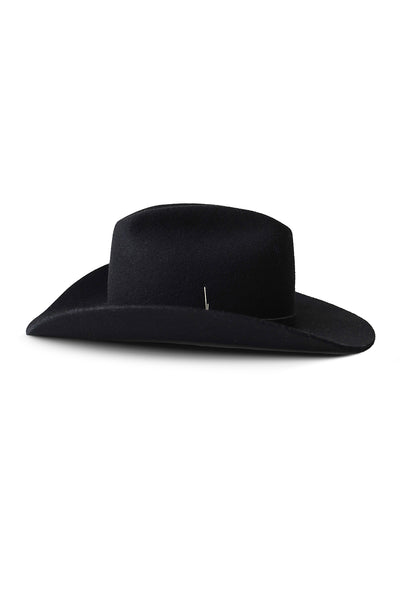 Unisex black fur felt cowboy hat with a wide brim, self-fabric band, silver, silver stud detail and center crease, handcrafted by SoonNoon in Stockholm