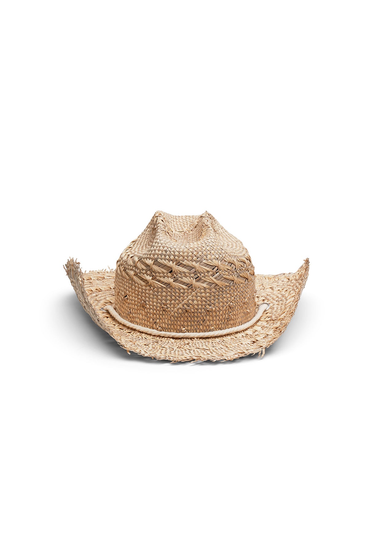 Natural beige straw cowboy hat with a wide frayed, flanged brim, center crease and off-white rope chin strap with blue beads. Unisex hat style in various sizes and colors. We ship worldwide. Shop now. Each SoonNoon hat is handmade with unique character in Stockholm, Sweden. 