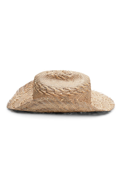 Natural beige straw cowboy hat with a wide frayed, flanged brim, center crease and off-white rope chin strap with blue beads. Unisex hat style in various sizes and colors. We ship worldwide. Shop now. Each SoonNoon hat is handmade with unique character in Stockholm, Sweden. 