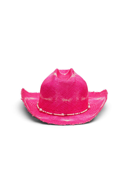 Unisex pink/white tie-dye cowboy straw hat with a wide, flanged brim, frayed edges, and center crease. Seed beads and saltwater pearls detail, handcrafted by SoonNoon in Stockholm