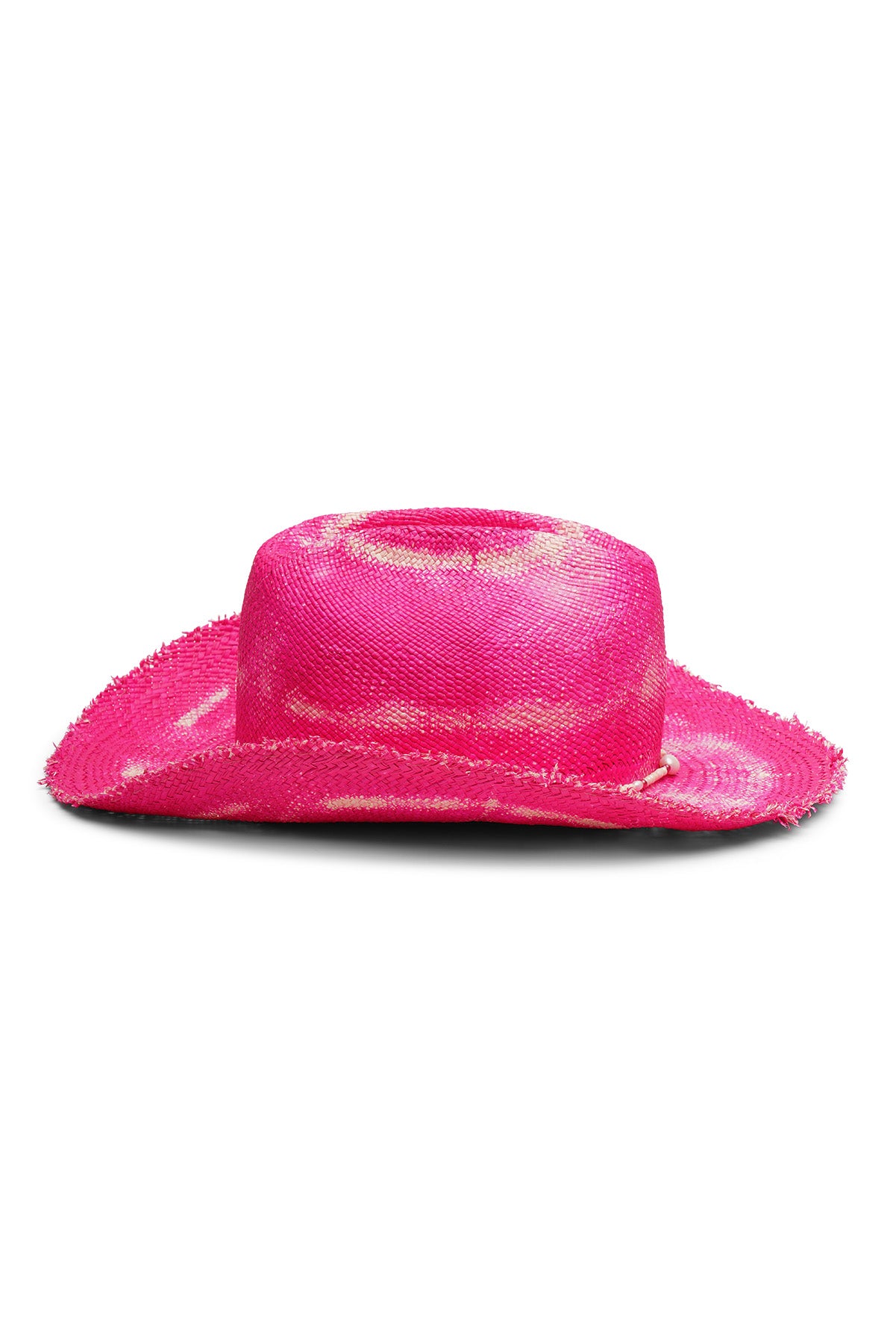 Unisex pink/white tie-dye cowboy straw hat with a wide, flanged brim, frayed edges, and center crease. Seed beads and saltwater pearls detail, handcrafted by SoonNoon in Stockholm