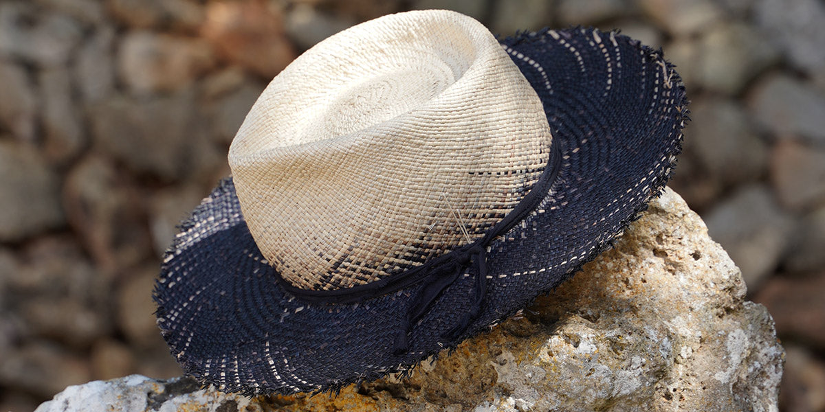Straw fedora hat natural black gradient pattern handmade by SoonNoon