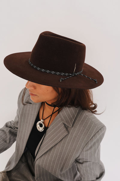 Unisex brown fur felt fedora hat with a wide brim, tear drop crown and black reflective cord detail, handcrafted by SoonNoon in Stockholm