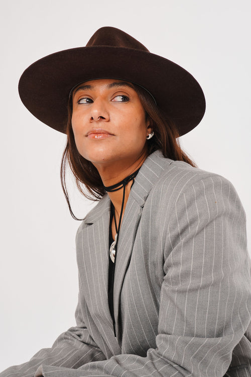 Unisex brown fur felt fedora hat with a wide brim, tear drop crown and black reflective cord detail, handcrafted by SoonNoon in Stockholm
