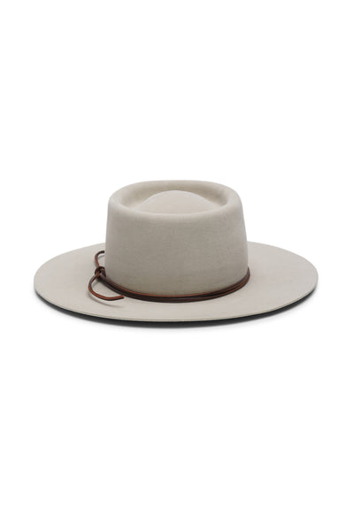 Unisex beige bolero fur felt hat with a wide brim and telescope crown, handcrafted by SoonNoon in Stockholm