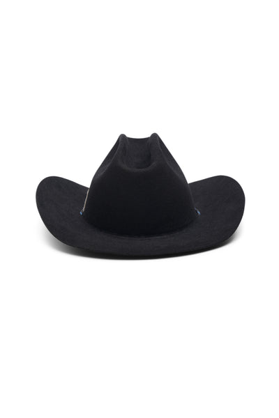 Unisex black fur felt cowboy hat with a wide brim and center crease. Reflective paracord chin strap detail in black, handcrafted by SoonNoon in Stockholm