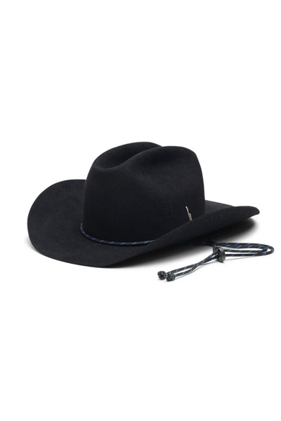 Unisex black fur felt cowboy hat with a wide brim and center crease. Reflective paracord chin strap detail in black, handcrafted by SoonNoon in Stockholm