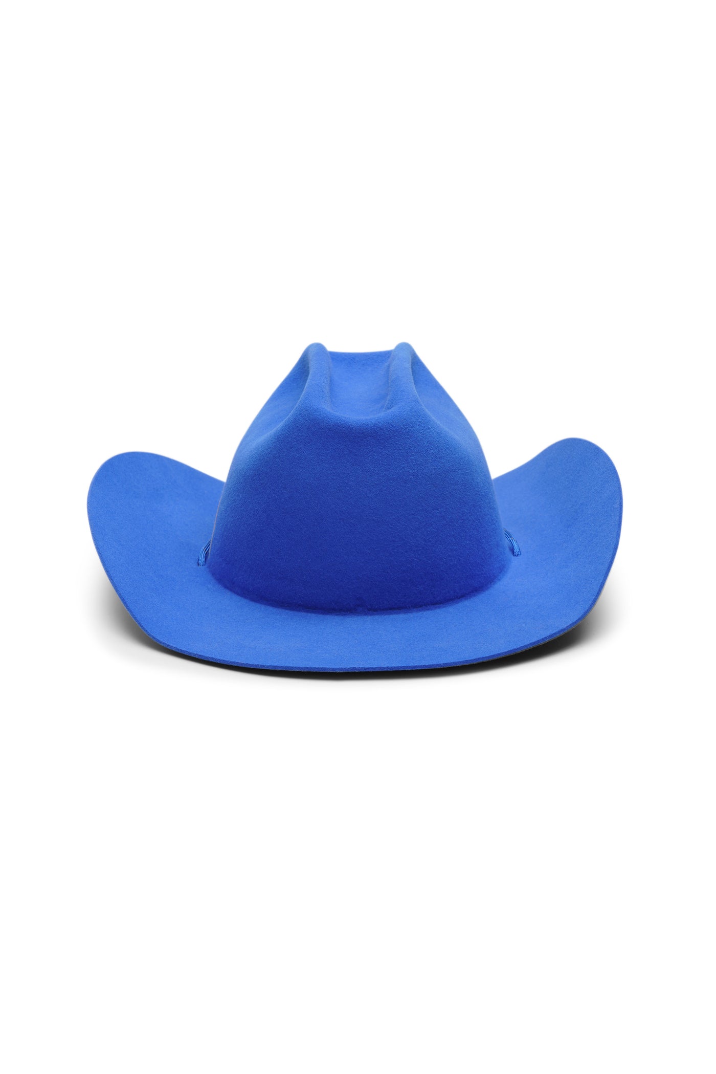 Unisex blue fur felt cowboy hat with a wide brim and center crease. Reflective paracord chin strap detail in blue, handcrafted by SoonNoon in Stockholm