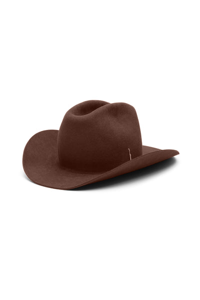 Mocca brown cowboy 100% fur felt hat with a wide brim and center crease. Unisex hat style in various sizes and colors. We ship worldwide. Shop now. Each SoonNoon hat is handmade with a unique character in Stockholm, Sweden.