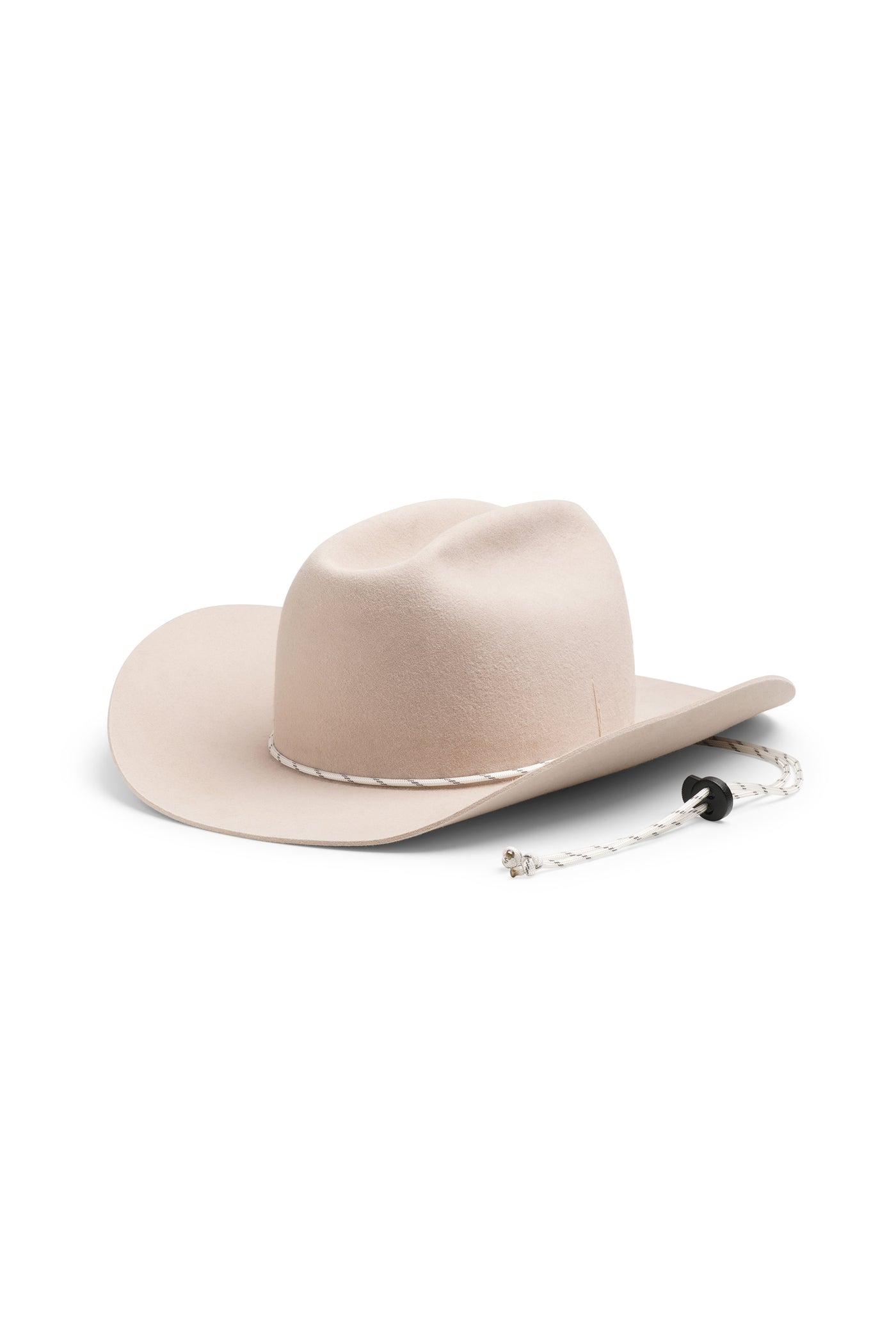 Unisex beige cowboy fur felt hat with a wide brim and center crease. Black and white paracord chin strap detail, handcrafted by SoonNoon in Stockholm