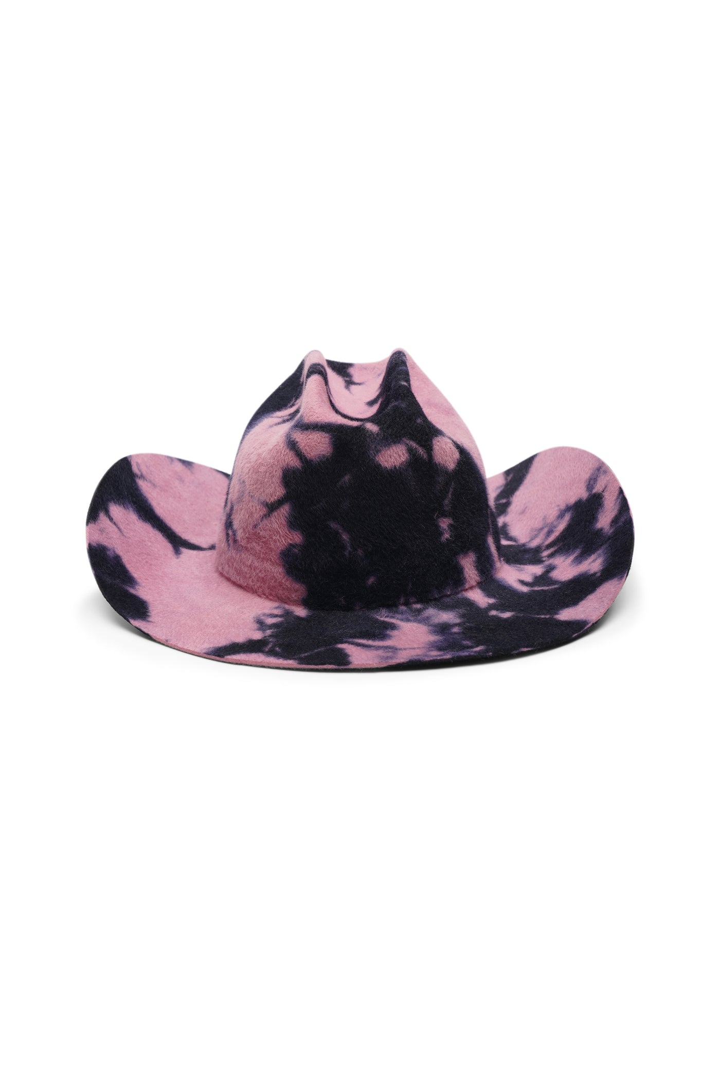 Pink/blue tie dye cowboy in 100% velour fur felt hat with a wide brim and center crease. Unisex hat style in various sizes and colors. We ship worldwide. Shop now. Each SoonNoon hat is handmade with unique character in Stockholm, Sweden.