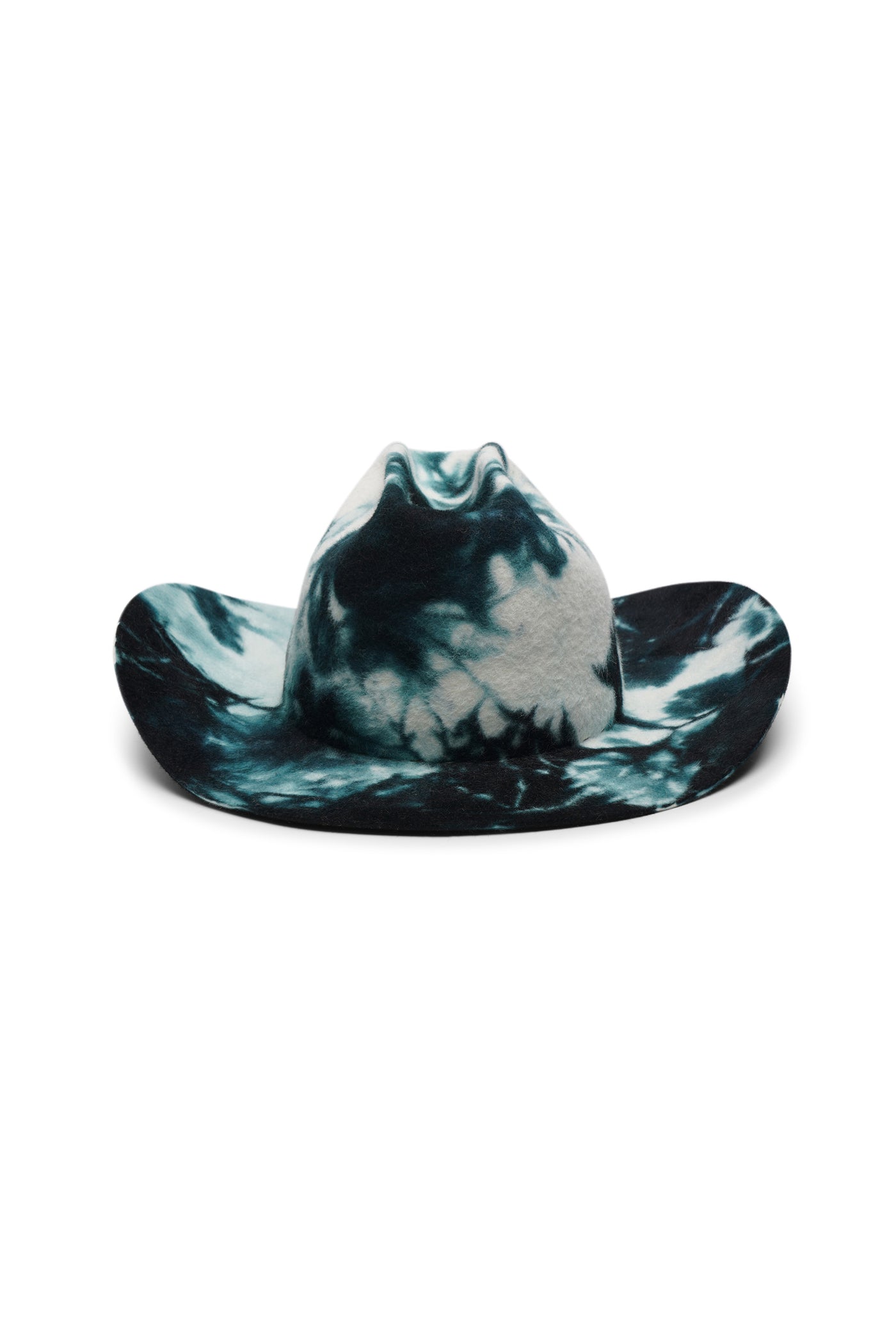 White/green tie dye cowboy in 100% velour fur felt hat with a wide brim and center crease. Unisex hat style in various sizes and colors. We ship worldwide. Shop now. Each SoonNoon hat is handmade with unique character in Stockholm, Sweden.