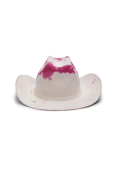 White/pink tie dye cowboy in 100% velour fur felt hat with a wide brim and center crease. Unisex hat style in various sizes and colors. We ship worldwide. Shop now. Each SoonNoon hat is handmade with unique character in Stockholm, Sweden.